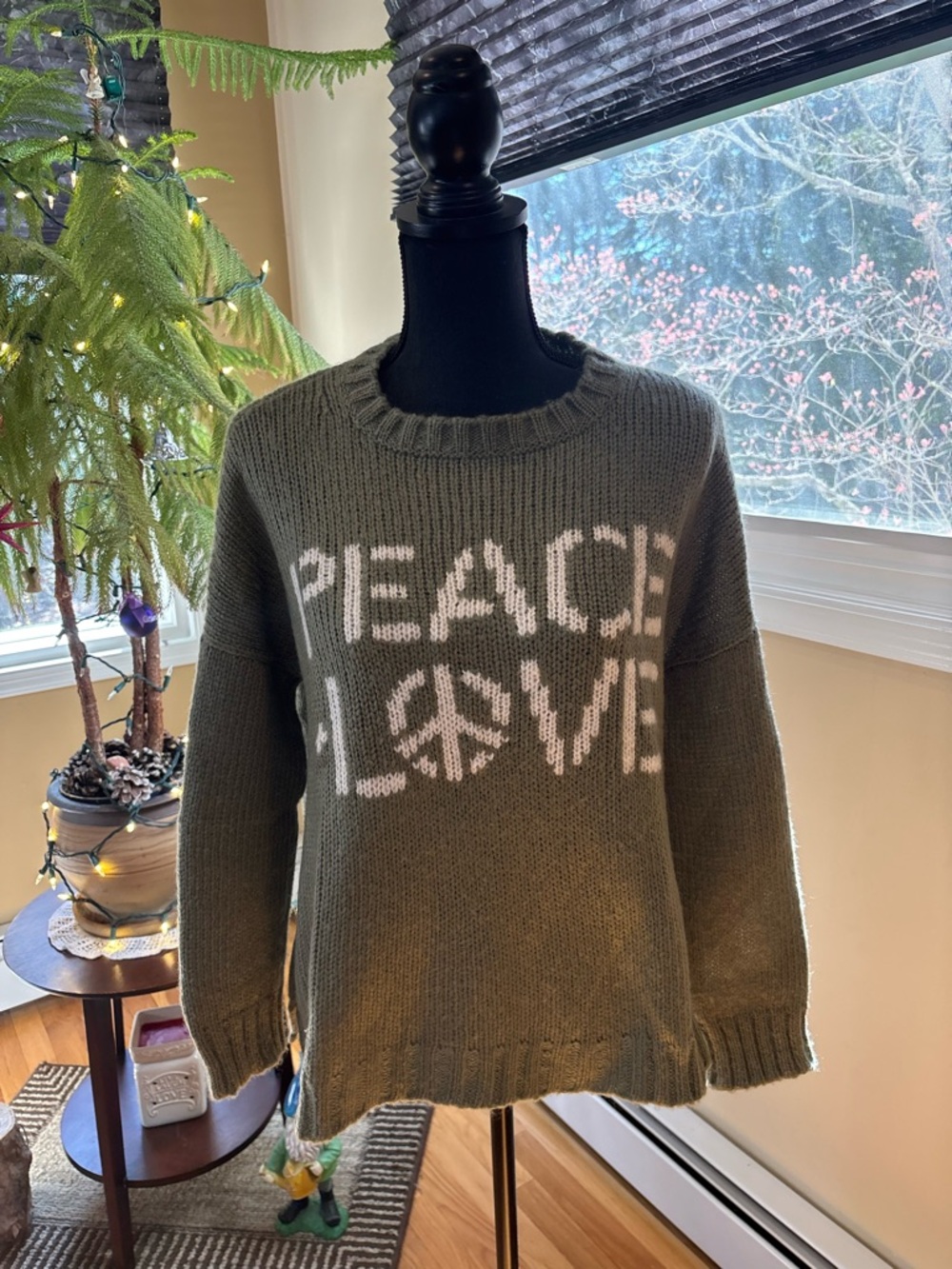 Wooden Ships Olive Green Crewneck Sweater with White "PEACE LOVE"
